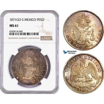 AE866, Mexico, 1 Peso 1871 Go S, Guanajuato, Silver, NGC MS61
