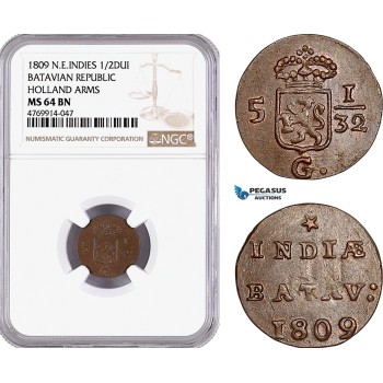 AE874, Netherlands East Indies, Batavian Rep. 1/2 Duit 1809, Holland Arms, NGC MS64BN