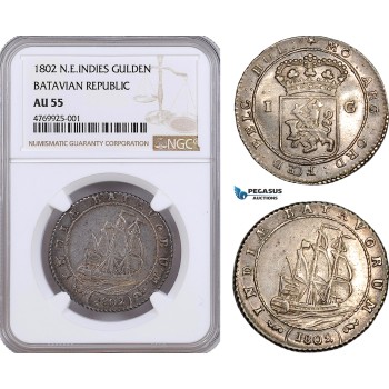 AE876, Netherlands East Indies, Batavian Rep. Gulden 1802, Silver, NGC AU55