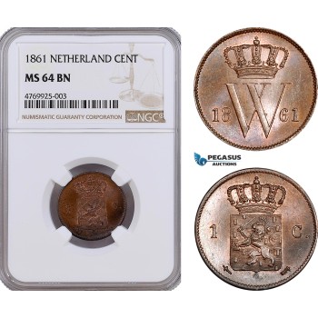 AE878, Netherlands, Willem III, 1 Cent 1861, Utrecht, NGC MS64BN, Pop 1/0