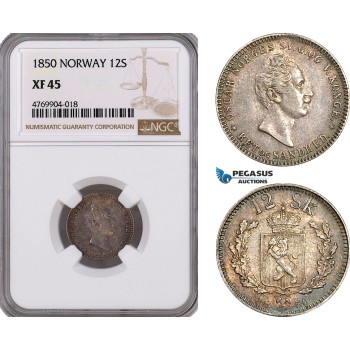 AE880, Norway, Oscar I, 12 Skilling 1850, Kongsberg, Silver, NGC XF45