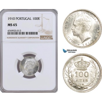 AE889, Portugal, Emanuel II, 100 Reis 1910, Silver, NGC MS65