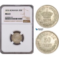AE890, Romania, Carol I, 50 Bani 1876, Brussels, Silver, NGC MS63, Rare!