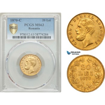 AE891, Romania, Carol I, 20 Lei 1870-C, Bucharest, Gold, PCGS MS63, Pop 1/1, Very Rare!