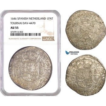 AE898, Spanish Netherlands, Tournai, Philip IV, Patagon 1646, Silver, Dav-4470, NGC AU55, Pop 1/0