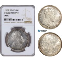 AE906, Straits Settlements, Edward VII, Dollar 1903-B, Bombay, Silver "Incuse mm." NGC MS63