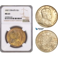AE907, Straits Settlements, Edward VII, Dollar 1907, Bombay, Silver, NGC MS63