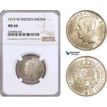 AE911, Sweden, Gustaf V, Krona 1915, Stockholm, Silver, NGC MS66, Pop 1/0