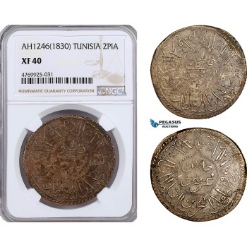 AE920, Ottoman Empire, Tunisia, Mahmud II, 2 Piastres AH1246 (1830) NGC XF40, Pop 1/0