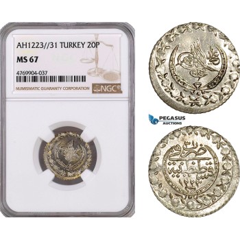 AE921, Ottoman Empire, Turkey, Mahmud II, 20 Para AH1223/31, Kostantiniye, NGC MS67, Pop 1/0