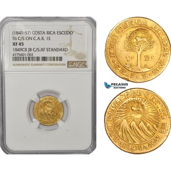 AE929, Costa Rica, 1 Escudo 1849, Gold, T6 C/S on C.A.R. 1E, NGC XF45