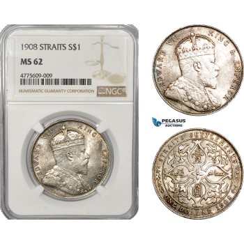 AE939, Straits Settlements, Edward VII, Dollar 1908, Bombay, Silver, NGC MS62