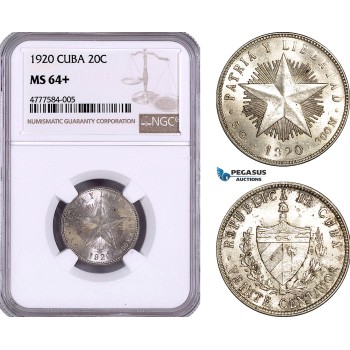 AE948, Cuba, 20 Centavos 1920, Philadelphia, Silver, NGC MS64+