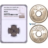 AE950, Egypt, Occupation Coinage, 2 Milliemes AH1335 / 1917, London, NGC MS63