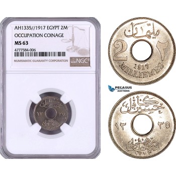 AE950, Egypt, Occupation Coinage, 2 Milliemes AH1335 / 1917, London, NGC MS63