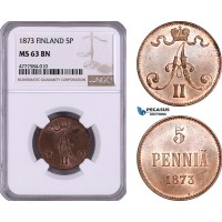 AE953, Finland, Alexander II, 5 Penniä 1873, NGC MS63BN AE953, Finland, Alexander II, 5 Penniä 1873, NGC MS63BN