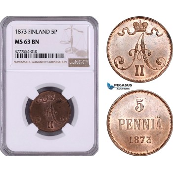 AE953, Finland, Alexander II, 5 Penniä 1873, NGC MS63BN AE953, Finland, Alexander II, 5 Penniä 1873, NGC MS63BN