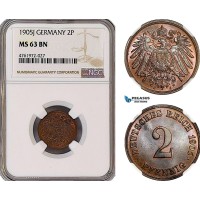 AE955-R, Germany, Wilhelm II, 2 Pfennig 1905-J, Hamburg, NGC MS63BN, Top Pop!