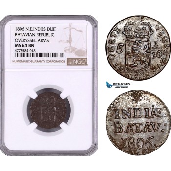 AE967, Netherlands East Indies, Batavian Rep., Overyssel Arms, 1 Duit 1806, NGC MS64BN, Pop 1/0, Rare! AE967, Netherlands East Indies, Batavian Rep., Overyssel Arms, 1 Duit 1806, NGC MS64BN, Pop 1/0, Rare!
