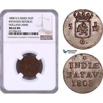 AE968, Netherlands East Indies, Batavian Rep., Holland Arms, 1 Duit 1808, NGC MS62BN