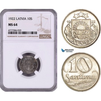 AE969, Latvia, 10 Santimu 1922, NGC MS64