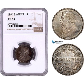 AE976, South Africa (ZAR) 1 Shilling 1894, Pretoria, Silver, NGC AU55