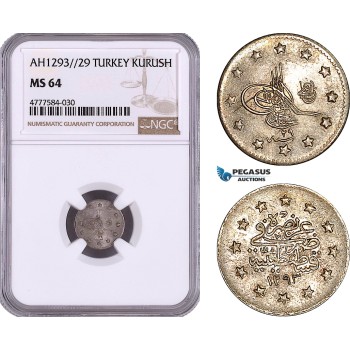 AE985, Ottoman Empire, Turkey, Abdülhamid II, 1 Kurush AH1293/29, Silver, NGC MS64, Pop 2/1