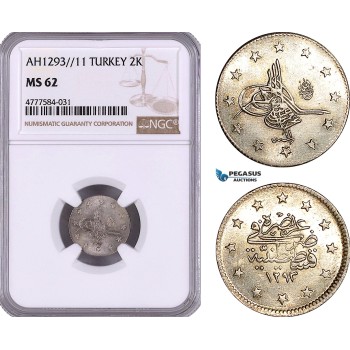 AE986, Ottoman Empire, Turkey, Abdülhamid II, 2 Kurush AH1293/11, Silver, NGC MS62