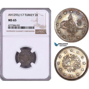 AE987, Ottoman Empire, Turkey, Abdülhamid II, 2 Kurush AH1293/17, Silver, NGC MS65, Top Pop