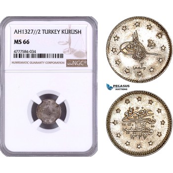 AE989, Ottoman Empire, Turkey, Mehmet Reshad V, 1 Kurush AH1327/2, Silver, NGC MS66, Pop 1/0
