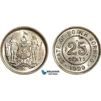 AE999, British North Borneo, 25 Cents 1929-H, Heaton, Silver, Cleaned UNC