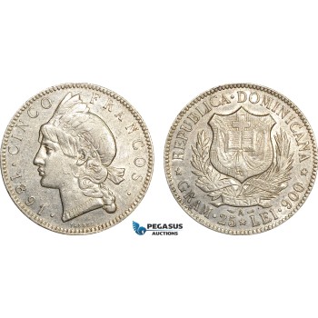 AF003, Dominican Republic, 5 Francos 1891-A, Paris, Silver, Cleaned XF