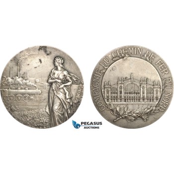 AF010, France, Silver Art Nouveau Medal (c. 1900) (Ø50mm, 63g) by Lebarque, North Railroad, Train