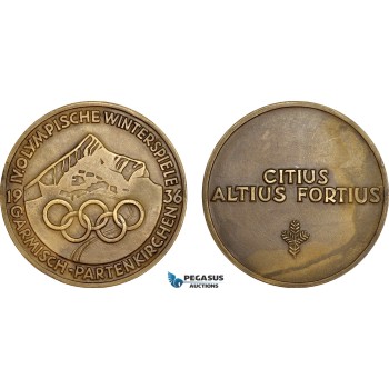 AF019, Germany, Third Reich, Garmisch - Partenkirchen, Winter Olympics Bronze Participation Medal 1936 (Ø60mm, 72.2g) AU, Rare!