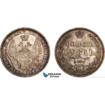 AF054, Russia, Nicholas I, Rouble 1852 СПБ-ПA, St. Petersburg, Silver, Toned UNC (Lightly scratched)
