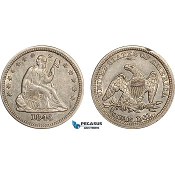 AF060, United States, Seated Liberty Quarter Dollar (25c) 1845, Philadelphia, Silver, AU (Rim filling)
