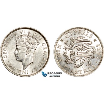 AF062, Cyprus, George VI, 9 Piastres 1938, London, Silver, Cleaned AU-UNC