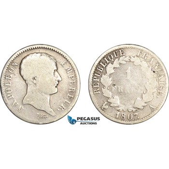 AF063, France, Napoleon, 1 Franc 1807-A, Paris, Silver, African Head, VG, Rare!
