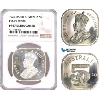 AF069, Australia, George V, 5  Shillings 1920 Dated, Silver, KM-X1, NGC PF67UC, Pop 1/0
