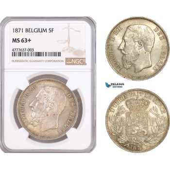 AF072, Belgium, Leopold II, 5 Francs 1871, Brussels, Silver, NGC MS63+