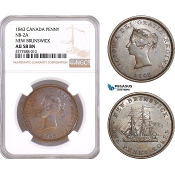 AF081, Canada, New Brunswick, Victoria, 1 Penny 1843, NB-2A, NGC AU58BN