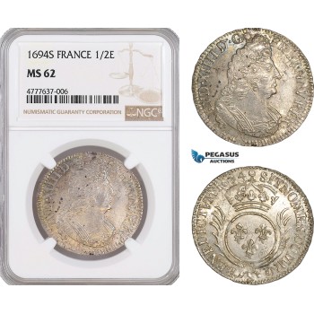 AF089, France, Louis XIV, 1/2 Ecu 1694-S, Reimes, Silver, NGC MS62, Pop 2/0