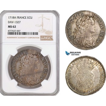 AF090, France, Louis XV, Ecu 1718-A, Paris, Silver, NGC MS62