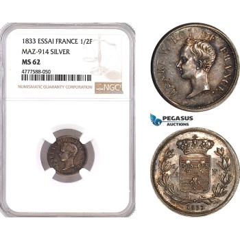 AF093, France, Henry V (Pretender) ESSAI 1/2 Franc 1833, Brussels, Silver, NGC MS62