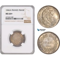 AF095, France, Louis Philippe I, 1 Franc 1846-A, Paris, Silver, NGC MS64+