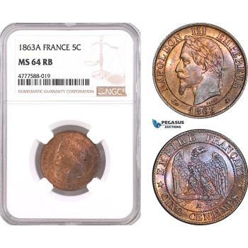 AF096, France, Napoleon III, 5 Centimes 1863-A, Paris, NGC MS64RB