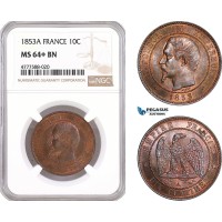 AF097, France, Napoleon III, 10 Centimes 1853-A, Paris, NGC MS64+BN