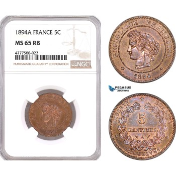 AF099, France, Third Republic, 5 Centimes 1894-A, Paris, NGC MS65RB, Pop 3/1