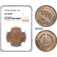 AF100, France, Third Republic, 10 Centimes 1873-K, Bordeaux, NGC AU58BN, Pop 1/0