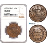 AF112, India, East India Company, 1/2 Anna 1835 (B) Bombay, NGC MS63BN